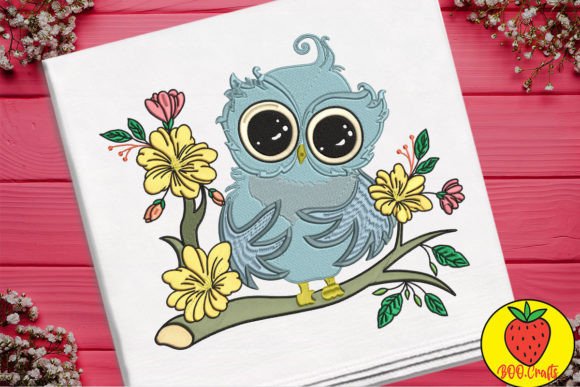 Cute Blue Owl and Flowers